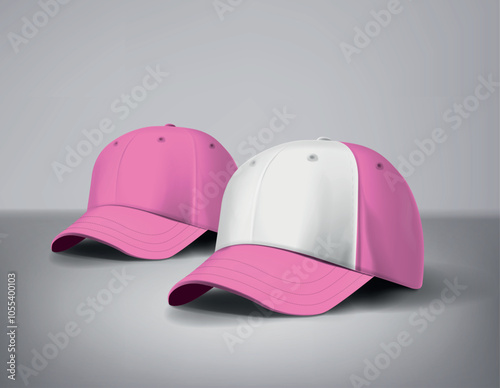 Pink girly baseball caps mock up with logo in gray background, front sides. For branding and advertising.