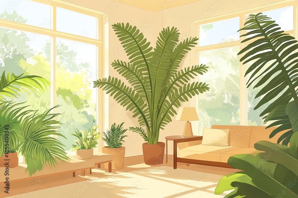 Fototapeta premium Sunny room filled with lush green plants and comfy sofa