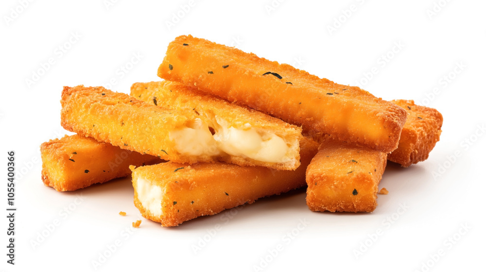 Close-up of crispy breaded mozzarella sticks with golden crust and melted cheese on a white background.