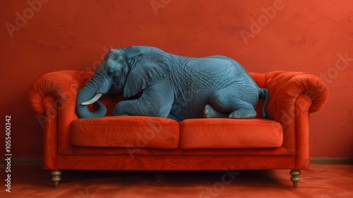 In a warm living room, a playful blue elephant snoozes comfortably on a bright orange couch, creating a charming and unusual sight photo