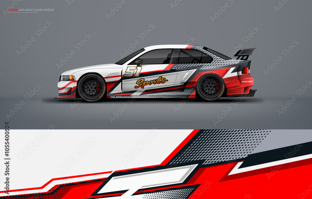 Racing Car sedan branding mockup with racing wrap decal or livery design, Abstract racing graphics white with backround. Editable vector template Racing Car sedan branding mockup with racing wrap decal or livery design, Abstract racing graphics white with backround. Editable vector template