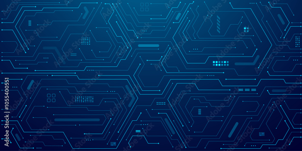 Abstract technology background. AI circuit board with electronics elements in electric blue on tech bg. Artificial Intelligence chip or semiconductor with connected line. Digital vector illustration. Abstract technology background. AI circuit board with electronics elements in electric blue on tech bg. Artificial Intelligence chip or semiconductor with connected line. Digital vector illustration.