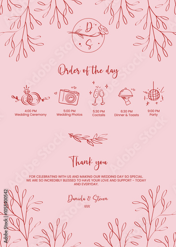 Order of the day with icons for the wedding day. Template, vector