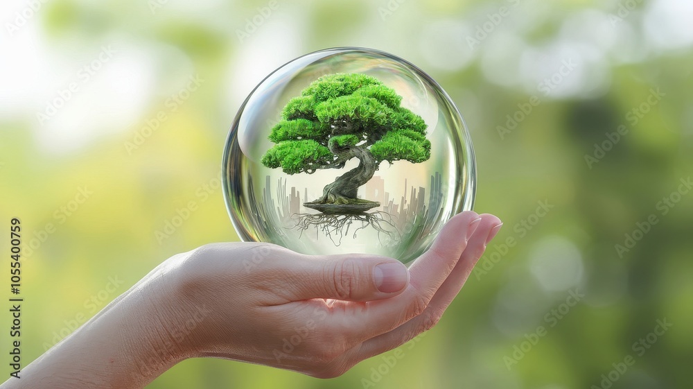 Bonsai Tree in Glass Sphere Held by Adult Hands