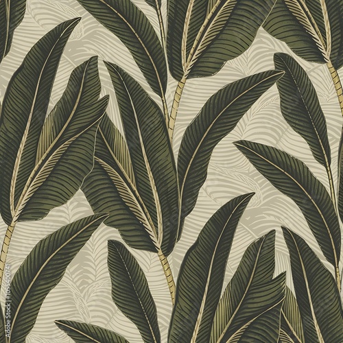 Seamless tropical pattern with palm leaves for fabric design and other uses.