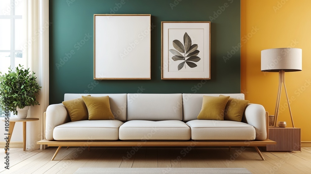 Fototapeta premium Modern Living Room Interior with White Sofa, Green and Yellow Wall, Minimalist Home Decor