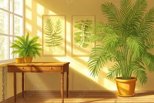 Sunny room with vintage botanical illustrations and plants