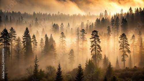 Dense forest at dusk with a misty atmosphere and silhouetted trees in shades of grey and brown, dense foliage, foliage