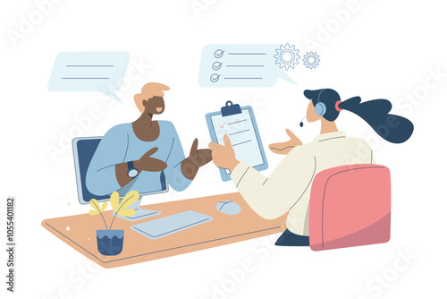 Female staff provide advice or suggestions to customers online, Call center staff, Hotline, Call center service, Technical support or customer service. Vector design illustration.