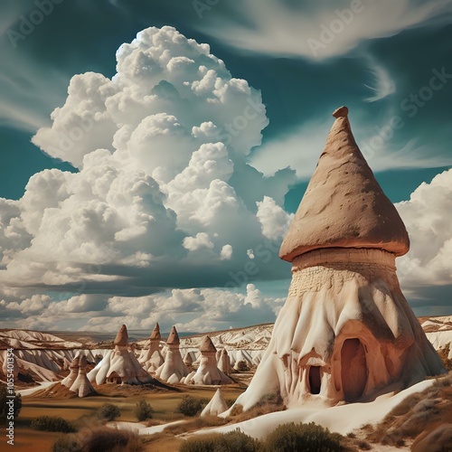 Cappadocia view with clouds in the background, fairy chimneys in the foreground photo