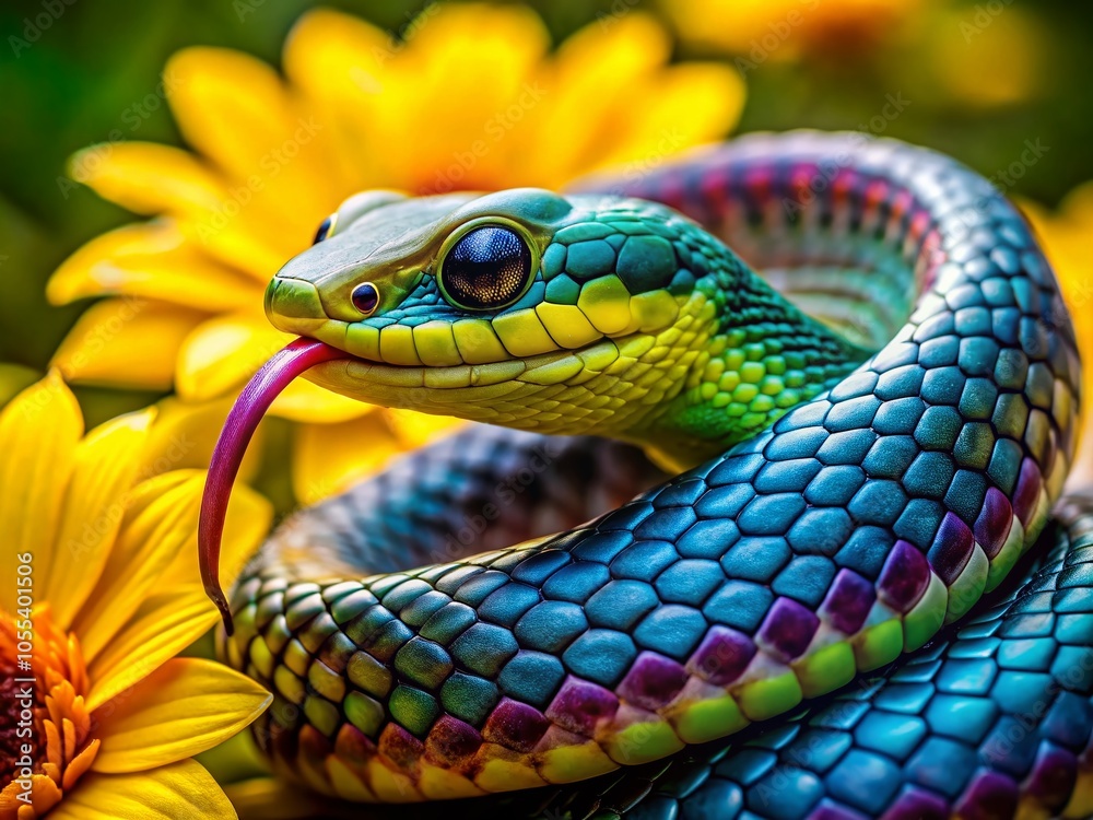 Close-Up of a Colorful Snake Coiled Around a Yellow Flower - Nature Photography Close-Up of a Colorful Snake Coiled Around a Yellow Flower - Nature Photography