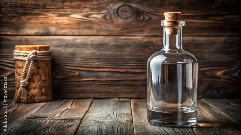 Distilled spirits in a long neck glass bottle with a wooden stopper and leather wrap on a rustic table, beverage, , containers, antique, liquor Distilled spirits in a long neck glass bottle with a wooden stopper and leather wrap on a rustic table, beverage, , containers, antique, liquor