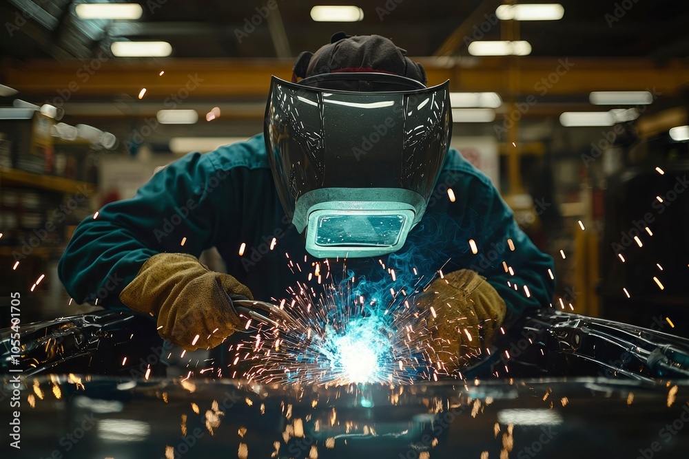 Welder working with sparks flying in a metal shop Welder working with sparks flying in a metal shop