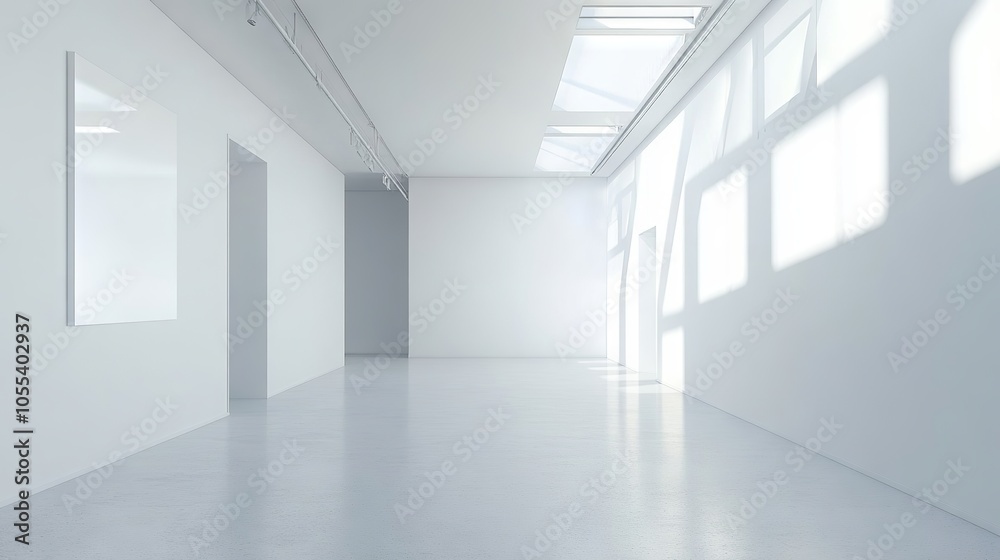 Fototapeta premium Modern white office interior with blank mock-up wall for custom design display, minimalist workspace with desk, chair, and natural lighting