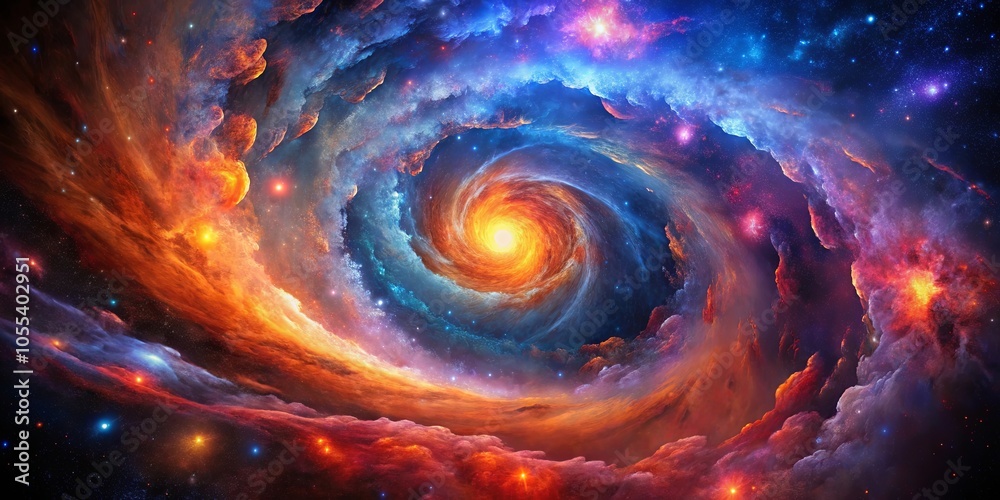 A cosmic dance of celestial clouds swirling in vibrant hues of orange, red, blue, and purple, illuminated by distant stars and a radiant central core.