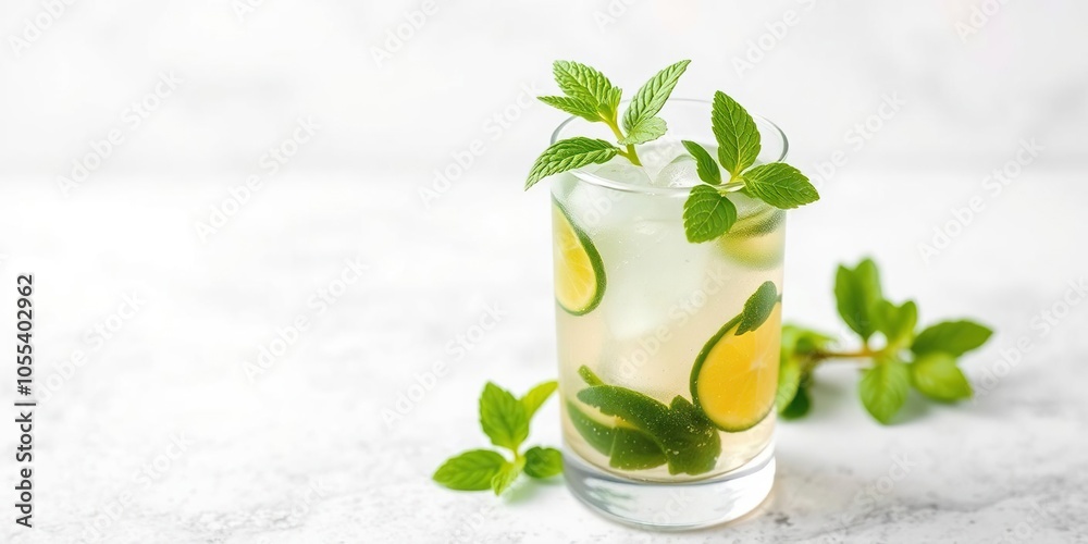 Freshly made sparkling mojito cocktail garnished with a sprig of mint, bubbly, mint Freshly made sparkling mojito cocktail garnished with a sprig of mint, bubbly, mint