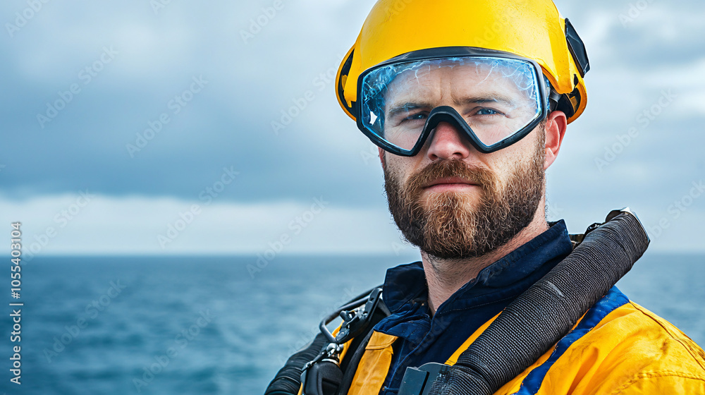 Fototapeta premium a marine welding specialist with safety equipment over ocean