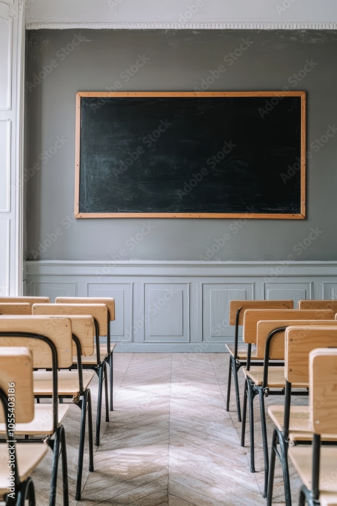 Desks line the floor in a serene classroom, ready for eager students as the blackboard stands blank, anticipating the day's teachings Desks line the floor in a serene classroom, ready for eager students as the blackboard stands blank, anticipating the day's teachings