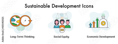 Comprehensive Development Icons: Social Equity, Interconnectedness, Long-Term Thinking