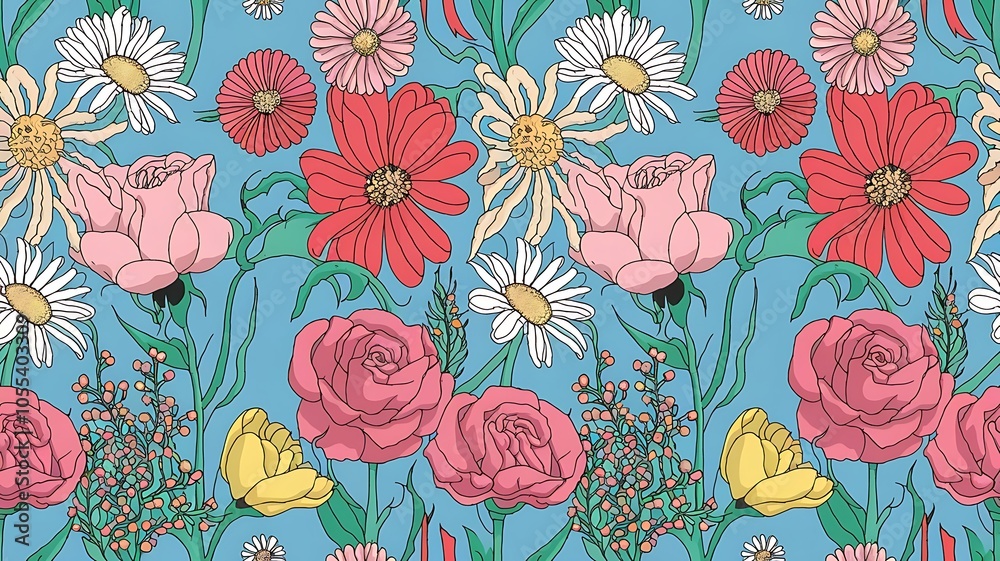 Fototapeta premium Modern floral with flowers print. Seamless pattern. Hand drawn style.