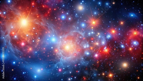 Galaxy clusters with bright stars and glowing gas clouds amidst a vast expanse of dark blue space against a vibrant reddish hue, glowing gas clouds, celestial bodies, galaxy formations