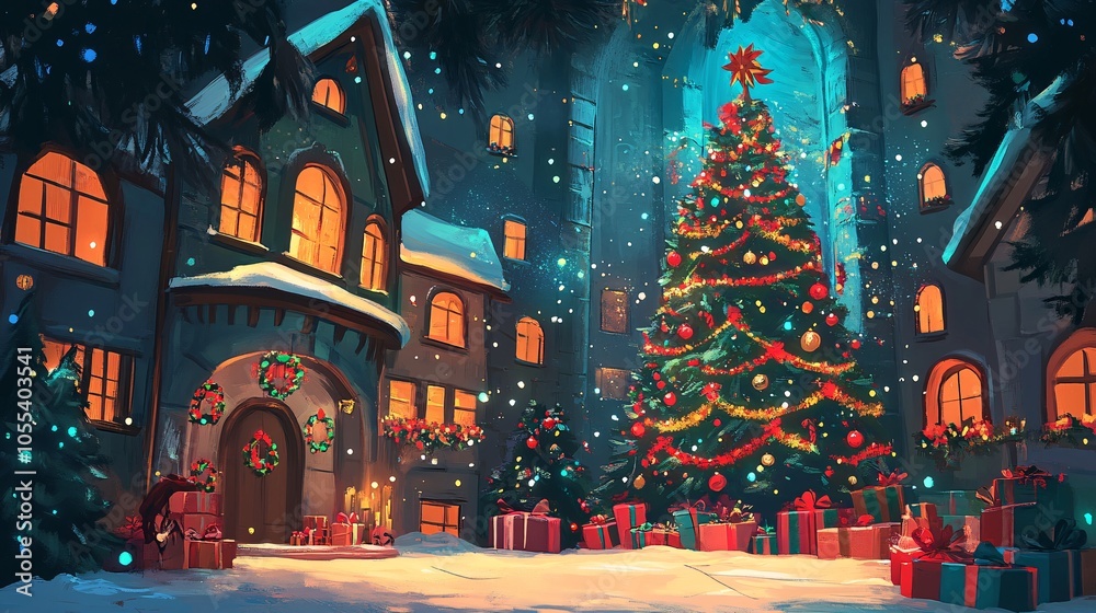 Christmas tree illuminating snowy town square with presents under gently falling snow Christmas tree illuminating snowy town square with presents under gently falling snow
