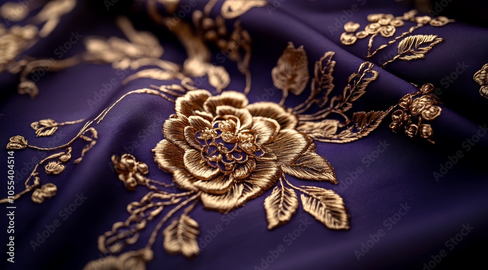 Intricate Gold Floral Embroidery on Deep Purple Fabric Intricate Gold Floral Embroidery on Deep Purple Fabric