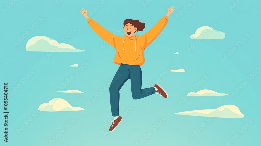 Joyful person jumping against a blue sky, expressing happiness and excitement. Joyful person jumping against a blue sky, expressing happiness and excitement.