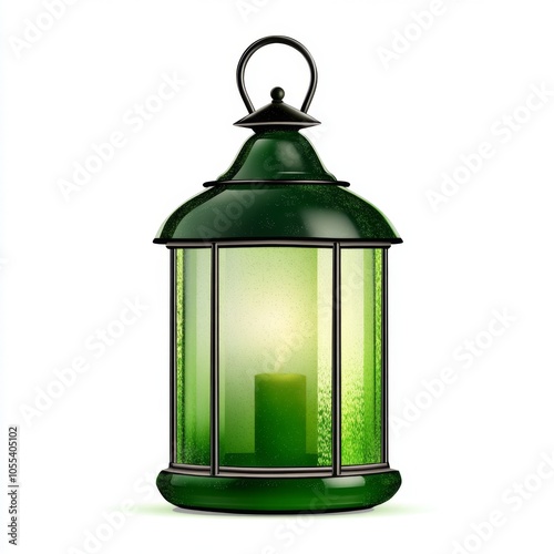 Green Lantern with lit candle inside on a white background.