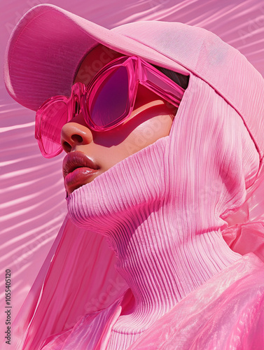 Photorealistic Portrait of a Stunning High Fashion Supermodel Dressed in All-Pink Balenciaga-Inspired Attire with Avant-Garde Decorations, Captured in Strong Sunlight Against a Simple Colored Backgrou