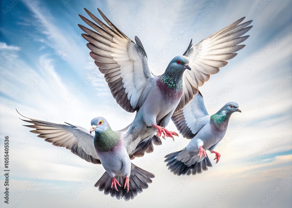 Closeup View of Three Pigeons Soaring in the Sky with White Background for Nature and Wildlife Photography Closeup View of Three Pigeons Soaring in the Sky with White Background for Nature and Wildlife Photography