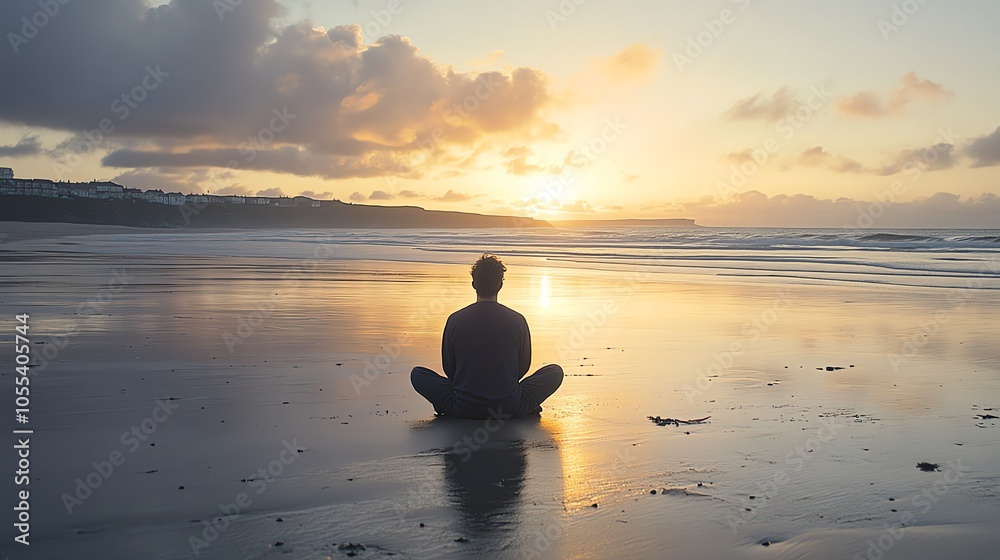Person meditating on the beach during sunset, reflecting tranquility and peace. Person meditating on the beach during sunset, reflecting tranquility and peace.