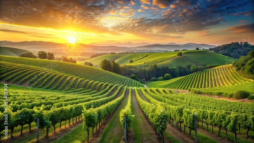 Wallpaper Mural Lush green vineyards with rows of wine grapes stretching across a rolling hills landscape at sunrise, sunrise, vineyard, farm, hills, countryside Torontodigital.ca