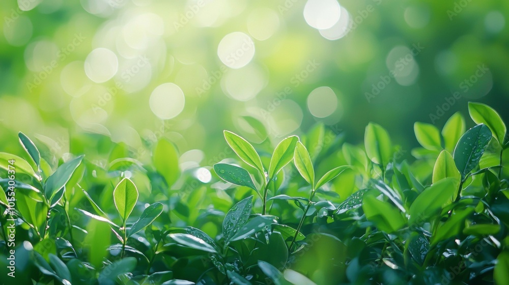 Fresh green leaves with morning dew in a sunny natural environment Fresh green leaves with morning dew in a sunny natural environment