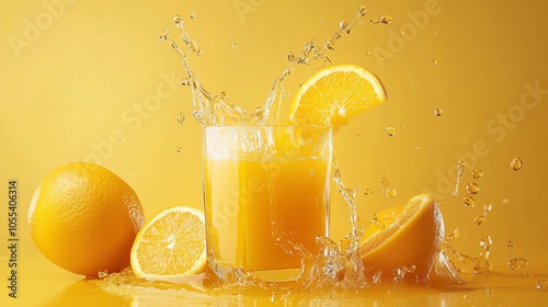 Refreshing orange juice splash with fruit, vibrant yellow background. photo