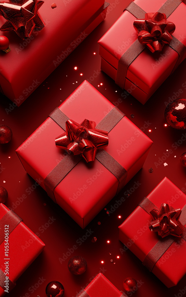 Several elegant red gift boxes, top view, gifts for christmas holidays Several elegant red gift boxes, top view, gifts for christmas holidays