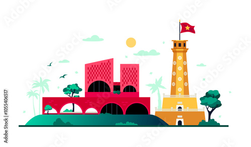 Cuckoo House and Flag tower in Hanoi - colored vector illustration with cafe combined with four-person house in Da Nang and the latest building of famous imperial citadel. Landmarks and architecture