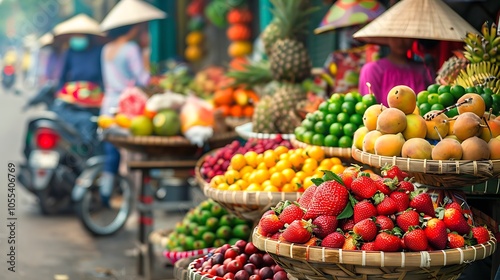 Tropical fruits in baskets selling on the stree