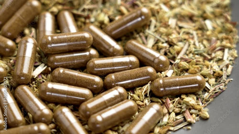 Herbal capsules resting on a dried medicinal herbs, showcasing the fusion of traditional herbal remedies with modern wellness supplements. Macro shot. Rotation Herbal capsules resting on a dried medicinal herbs, showcasing the fusion of traditional herbal remedies with modern wellness supplements. Macro shot. Rotation
