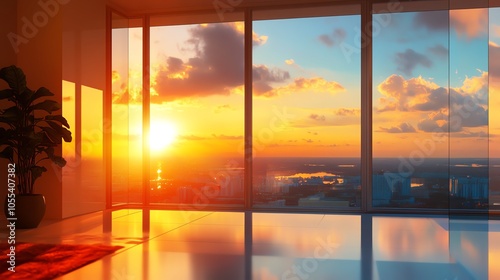 Stunning sunset view from a modern apartment with glass walls and reflections on the floor.