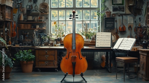 A cello stands in the center of a workshop filled with tools, musical instruments, and plants.