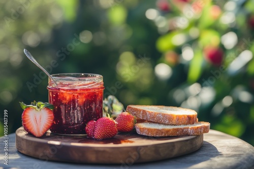 Strawberry Jam and Fresh Bread on a Wooden Table photo