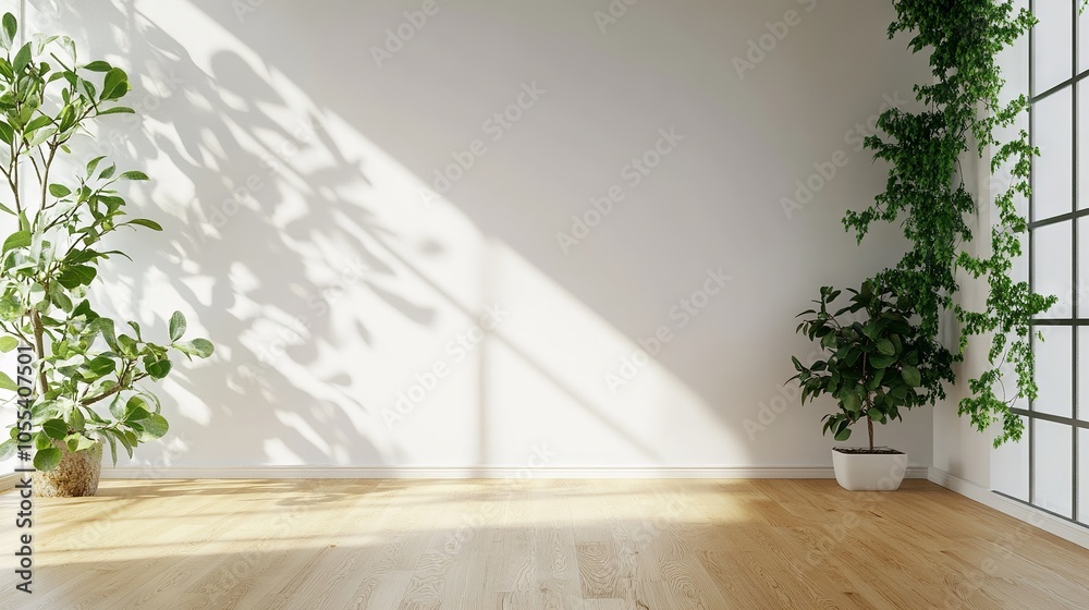 Minimalist interior design: empty room with white walls, wooden flooring, and indoor green plants for modern home decor – 3d rendering Minimalist interior design: empty room with white walls, wooden flooring, and indoor green plants for modern home decor – 3d rendering