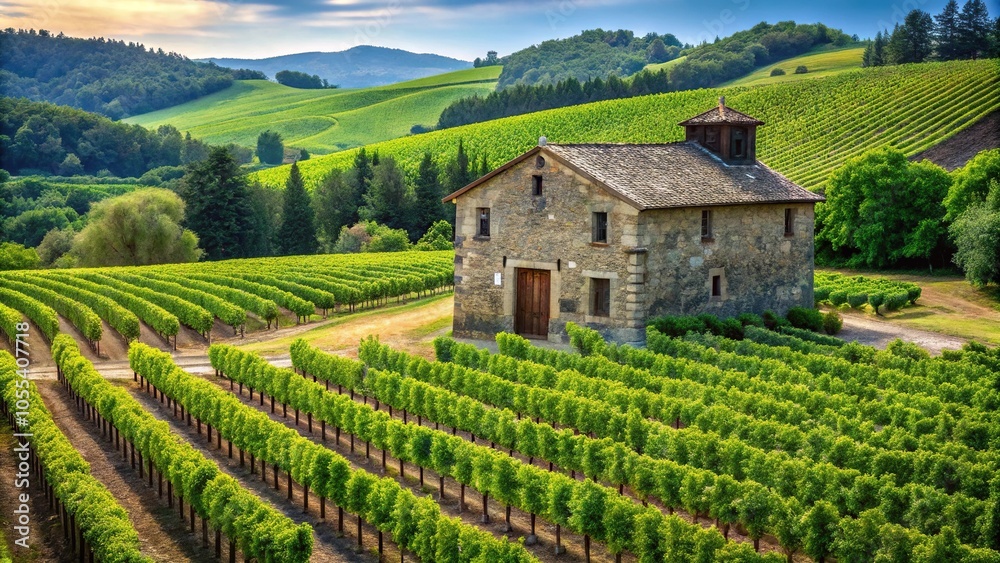 Old stone winery building surrounded by lush green vineyards with rolling hills in the background, rural landscape, green fields, old buildings, countryside Old stone winery building surrounded by lush green vineyards with rolling hills in the background, rural landscape, green fields, old buildings, countryside