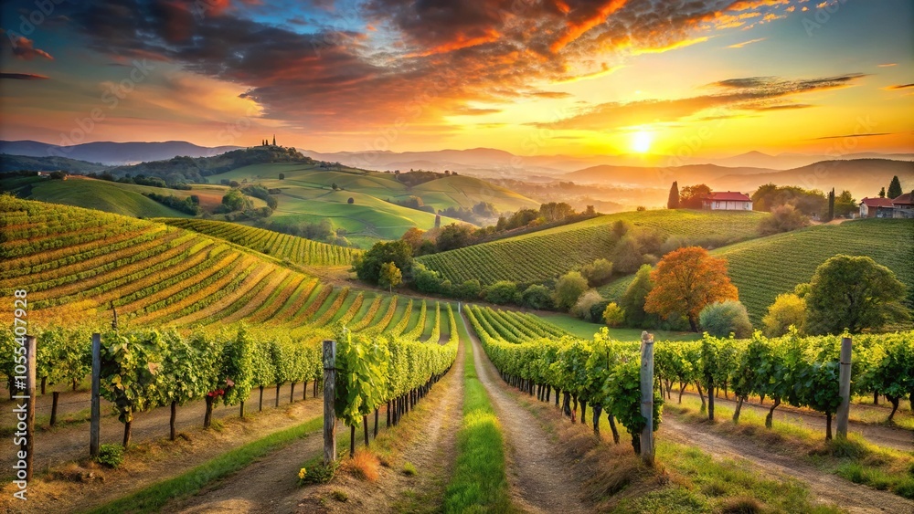 Naklejka premium Panoramic view of an Italian vineyard at sunset with rolling hills and grapevines, grapes, vines