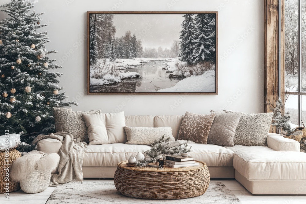 Fototapeta premium A living room with a white couch, a coffee table, and a Christmas tree