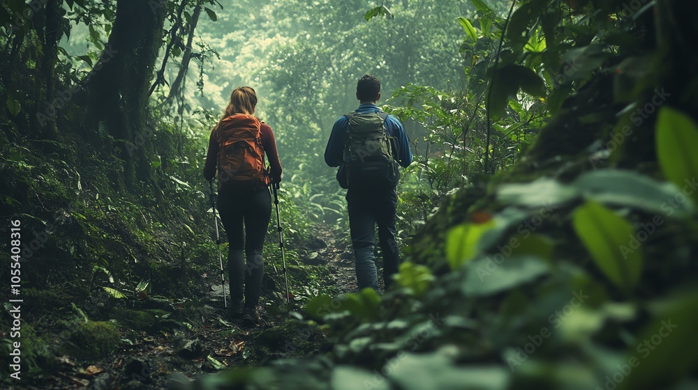 Two hikers exploring a lush green forest trail surrounded by vibrant foliage. Two hikers exploring a lush green forest trail surrounded by vibrant foliage.
