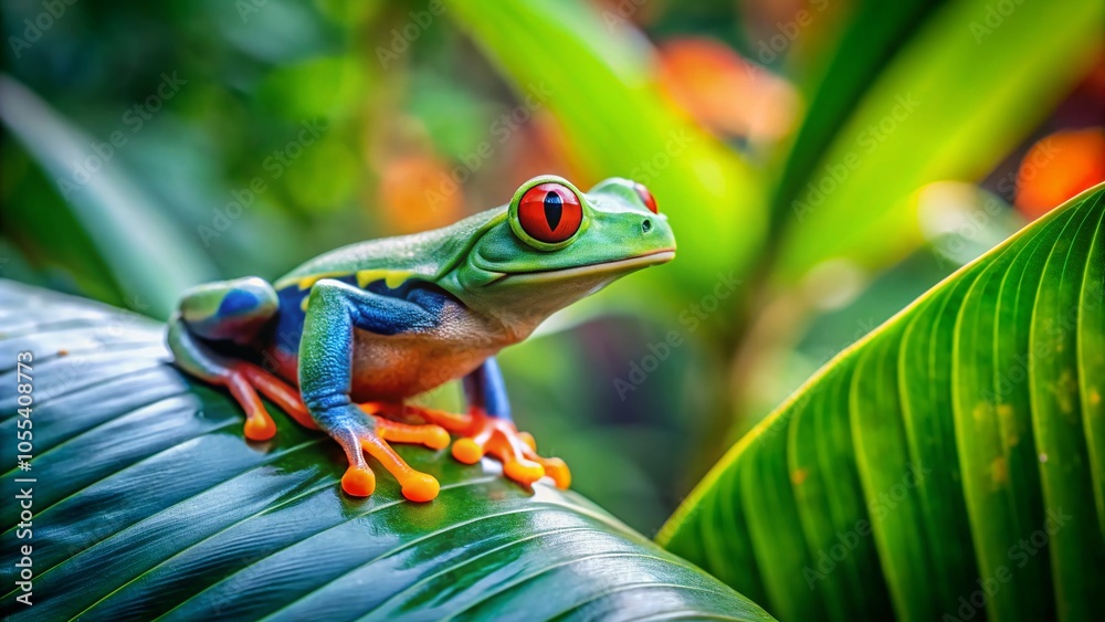 Colorful Frog on Leaf in Nature with Copy Space for Text, Perfect for Nature Lovers and Wildlife Photography Colorful Frog on Leaf in Nature with Copy Space for Text, Perfect for Nature Lovers and Wildlife Photography