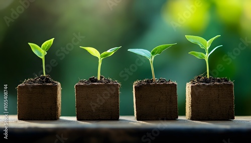 Wallpaper Mural Four Young Saplings Growing in Square Pots on a Wooden Surface Torontodigital.ca