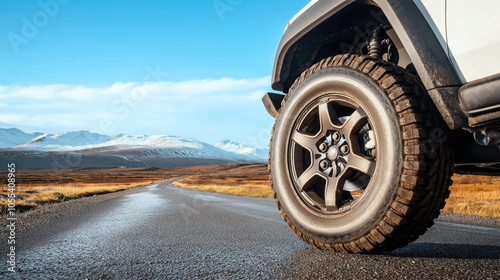 Wallpaper Mural Close-up of an off-road vehicle tire on a wet country road with snow-capped mountains and blue sky in the background. Torontodigital.ca
